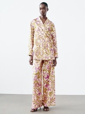 Zara floral print lightweight cotton and metallic thread pants trousers sz.S